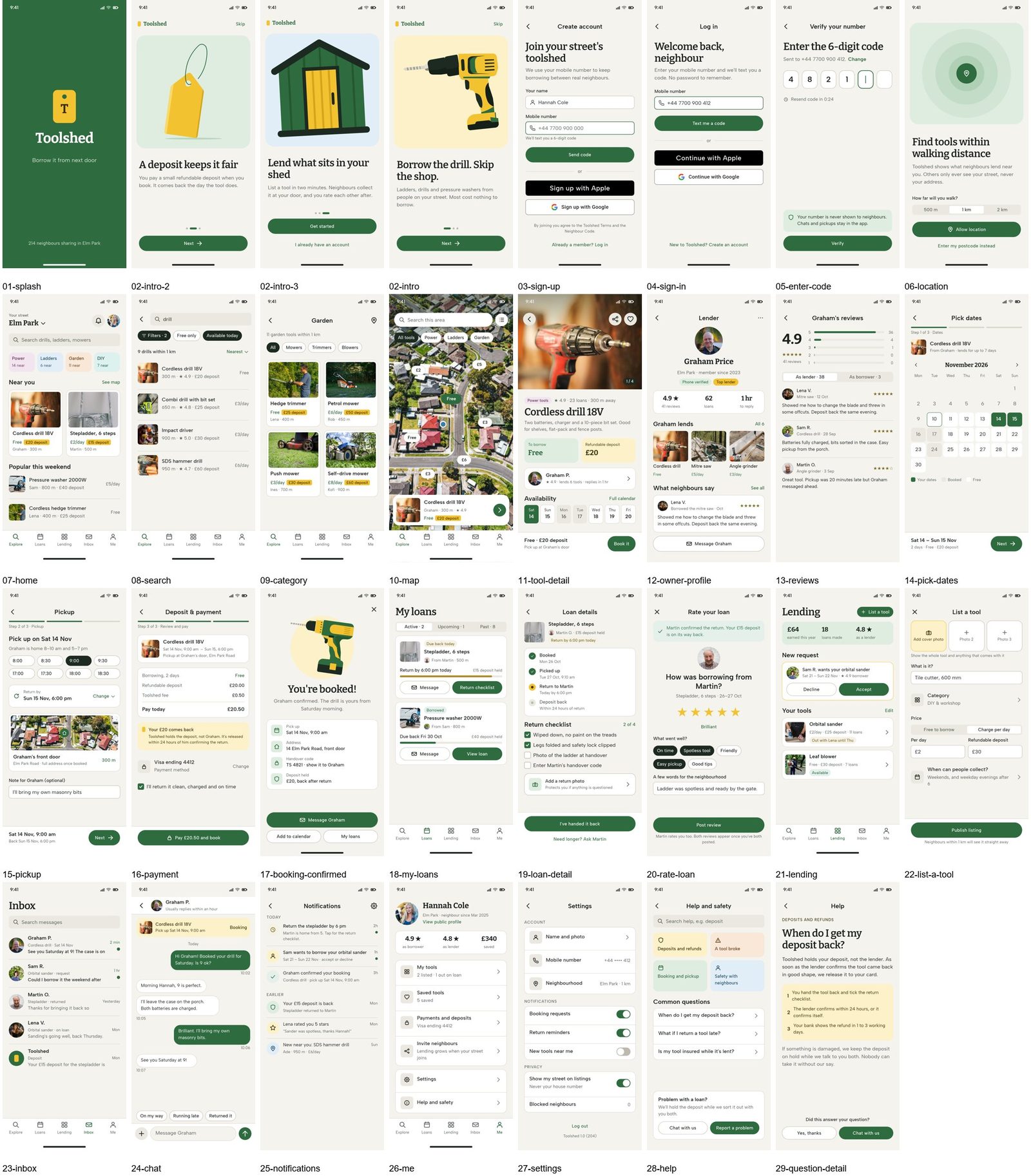 A contact sheet of every screen in the Toolshed app designed by Claude Opus 5.5, from onboarding to ratings.