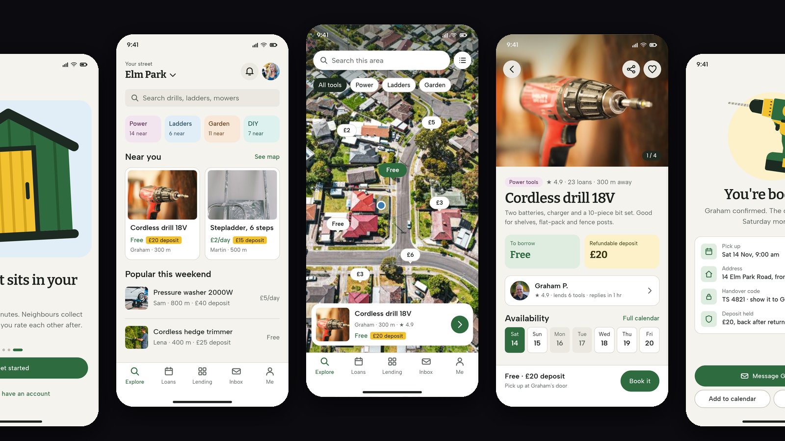 Five phone screens of a tool-lending app called Toolshed: a home feed, an aerial photo map, a tool detail page, an owner profile and a booking confirmation.