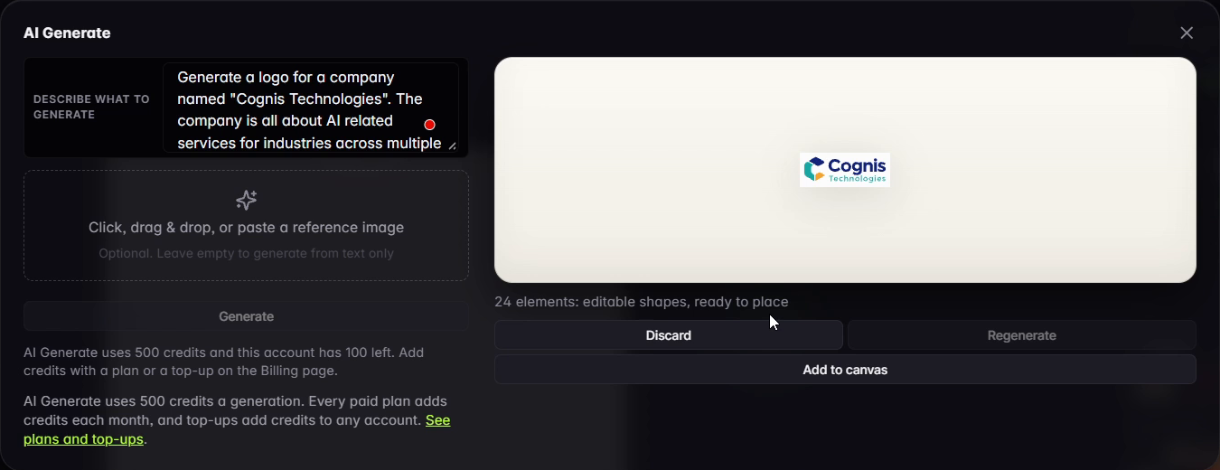 SVG Lab's AI Generate panel with the Cognis Technologies prompt on the left and the generated logo preview on the right, labelled 24 elements: editable shapes, ready to place.