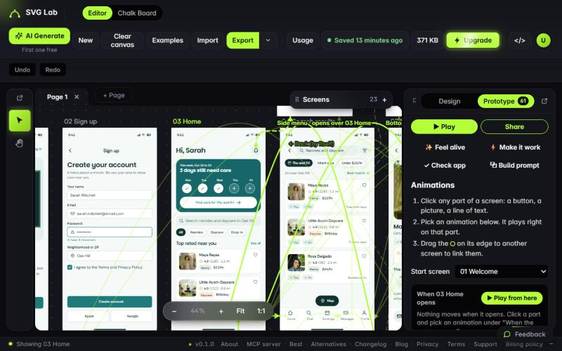 SVG Lab's editor in Prototype mode: three Careby app screens on the canvas with green link arrows between them, and the Prototype panel on the right with Play, Share, Feel alive, Make it work, Check my app and Build prompt.