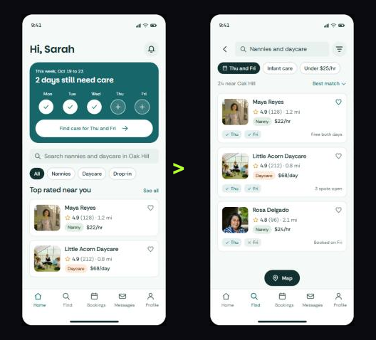 Two Careby screens in SVG Lab's Play mode: the Home screen, then the search results screen it opened after a tap on the Find tab.