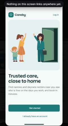 The Careby Welcome screen in SVG Lab's Play mode with the note Nothing on this screen links anywhere yet above it.
