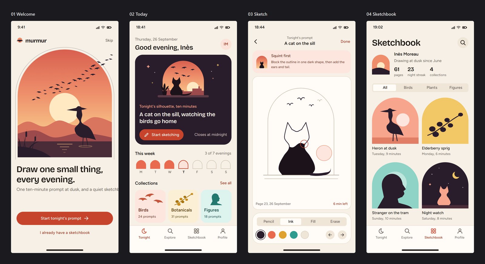 Four phone screens of the murmur app: a welcome screen with a heron at sunset under an arch, a Today screen with a cat on a sill and a weekly streak, a Sketch screen with a cat outline and ink tools, and a Sketchbook screen with heron, elderberry, figure and night cat tiles.