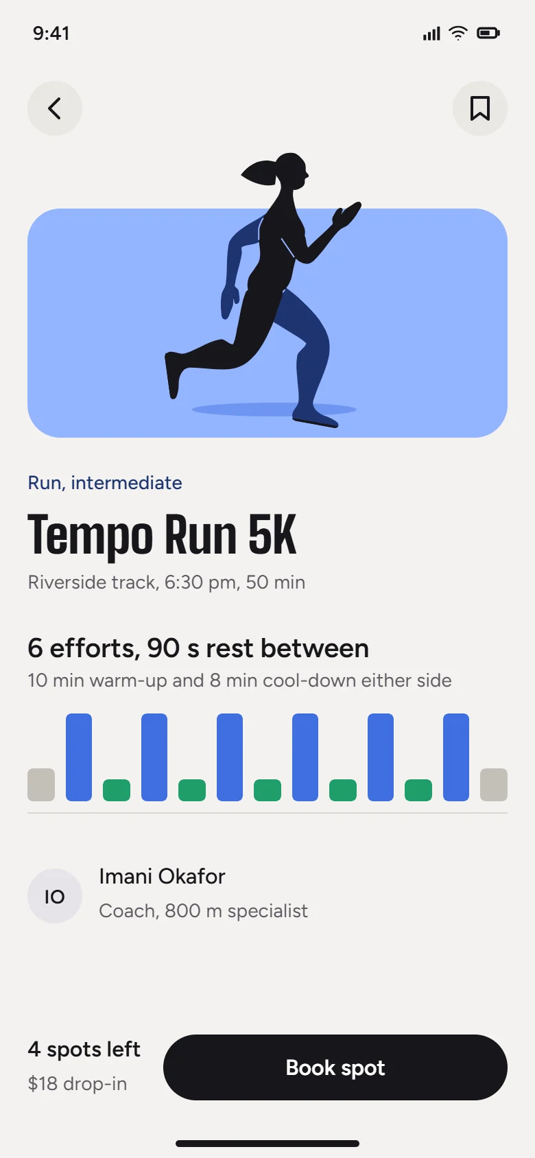 Cadence class screen: a runner on a cobalt panel and the efforts of a tempo run.