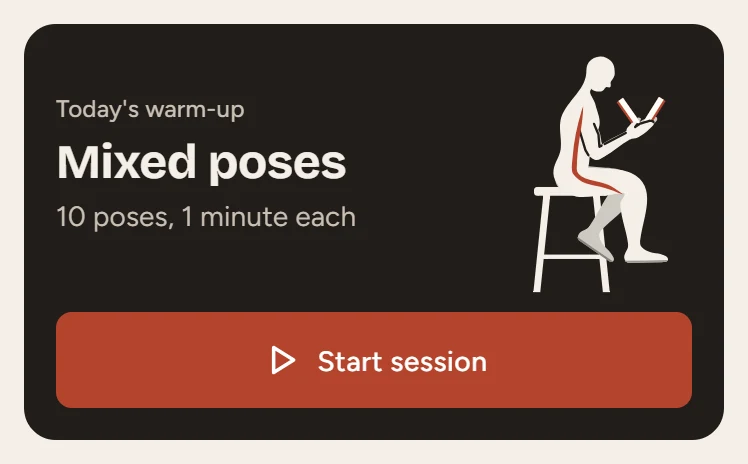 Sanguine's warm-up card: a reader seated on a stool, and a Start session button.