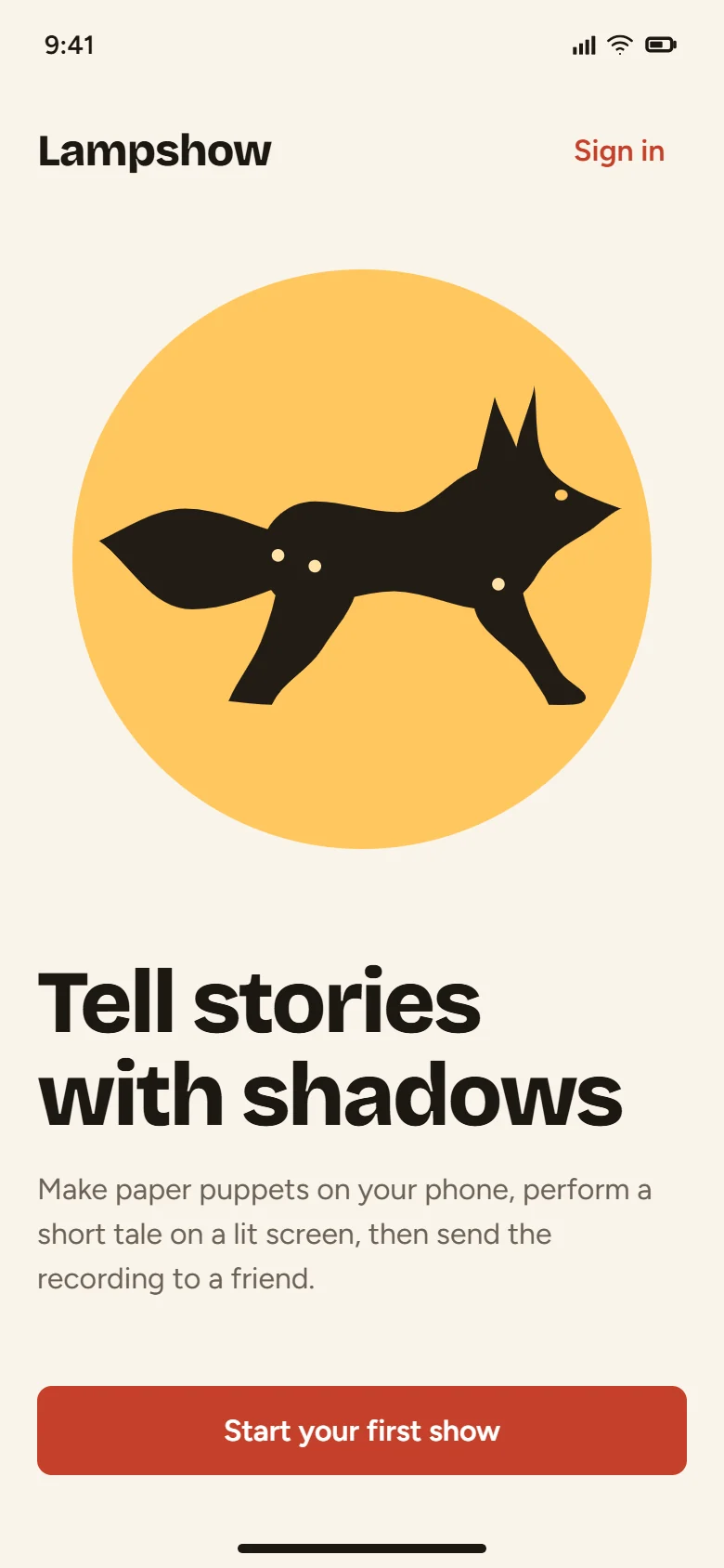 Lampshow welcome screen: a fox shadow puppet on rods in front of a lamp, and the headline Tell stories with shadows.