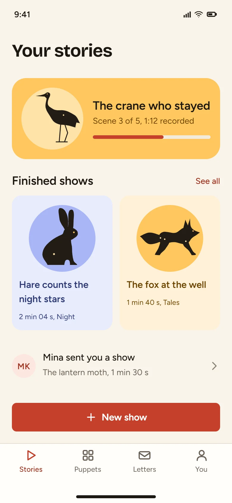 Lampshow stories screen with a story in progress and finished shows.