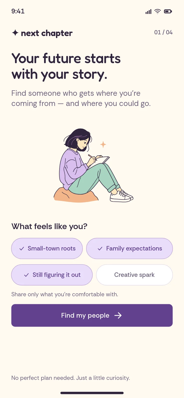 Next Chapter welcome: a drawing of a girl writing in a notebook, and Your future starts with your story.