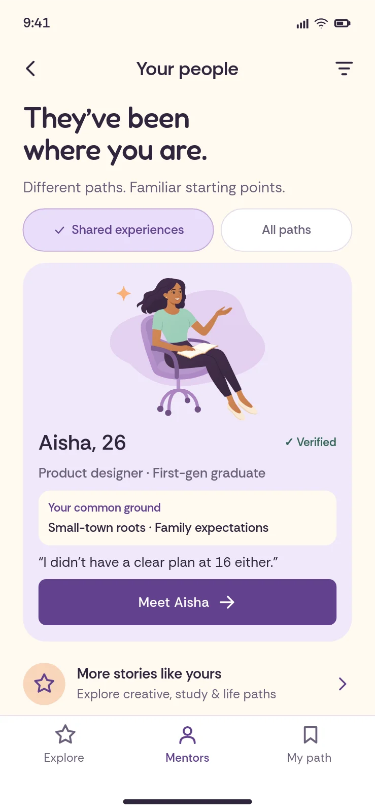 Next Chapter screen: They've been where you are, with a mentor card for Aisha and a drawing of her reading in a chair.