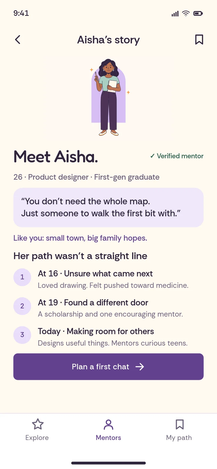 Next Chapter mentor story: a drawing of Aisha holding a notebook, her quote and her path in three steps.
