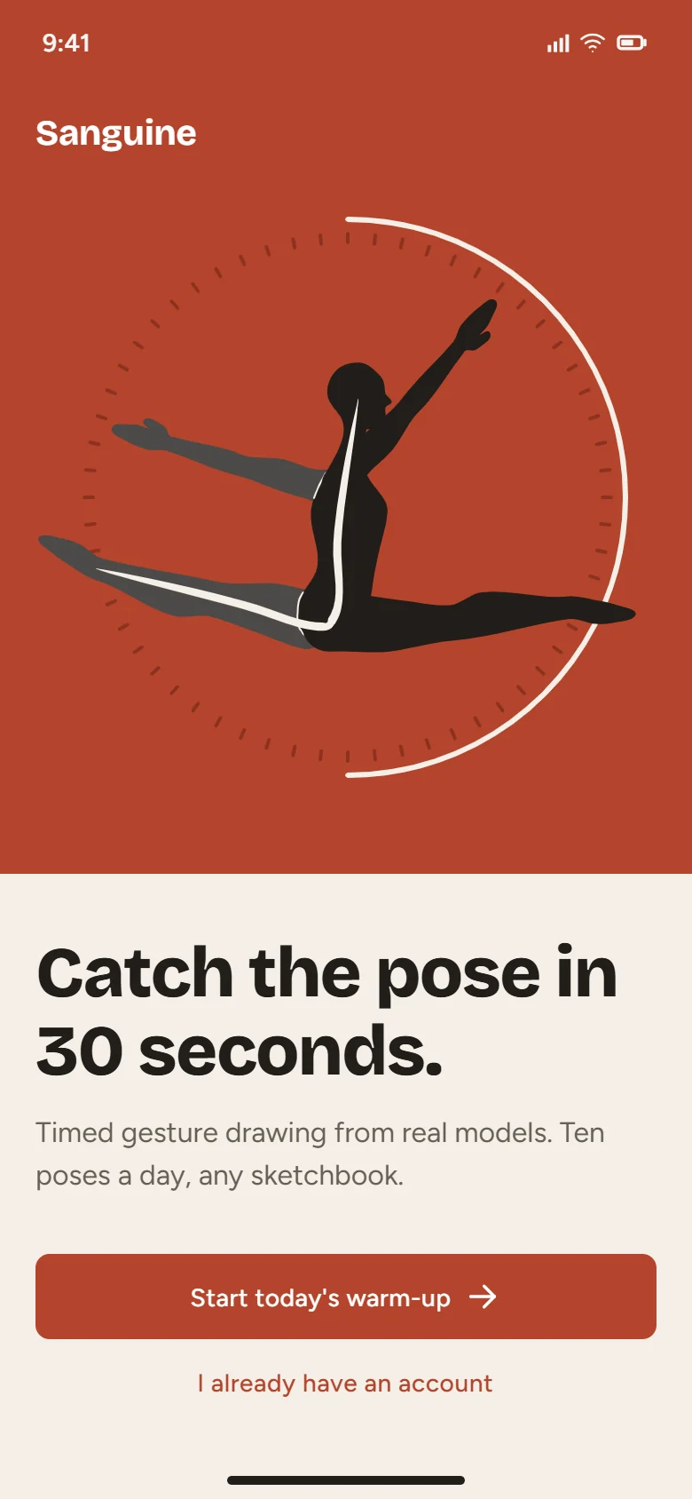 Sanguine welcome screen with a dancer silhouette in a stopwatch dial and the headline Catch the pose in 30 seconds.