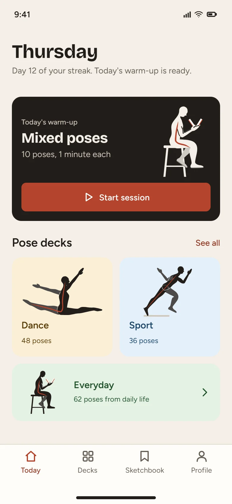 Sanguine today screen with the day's warm-up card and colour-coded pose decks.
