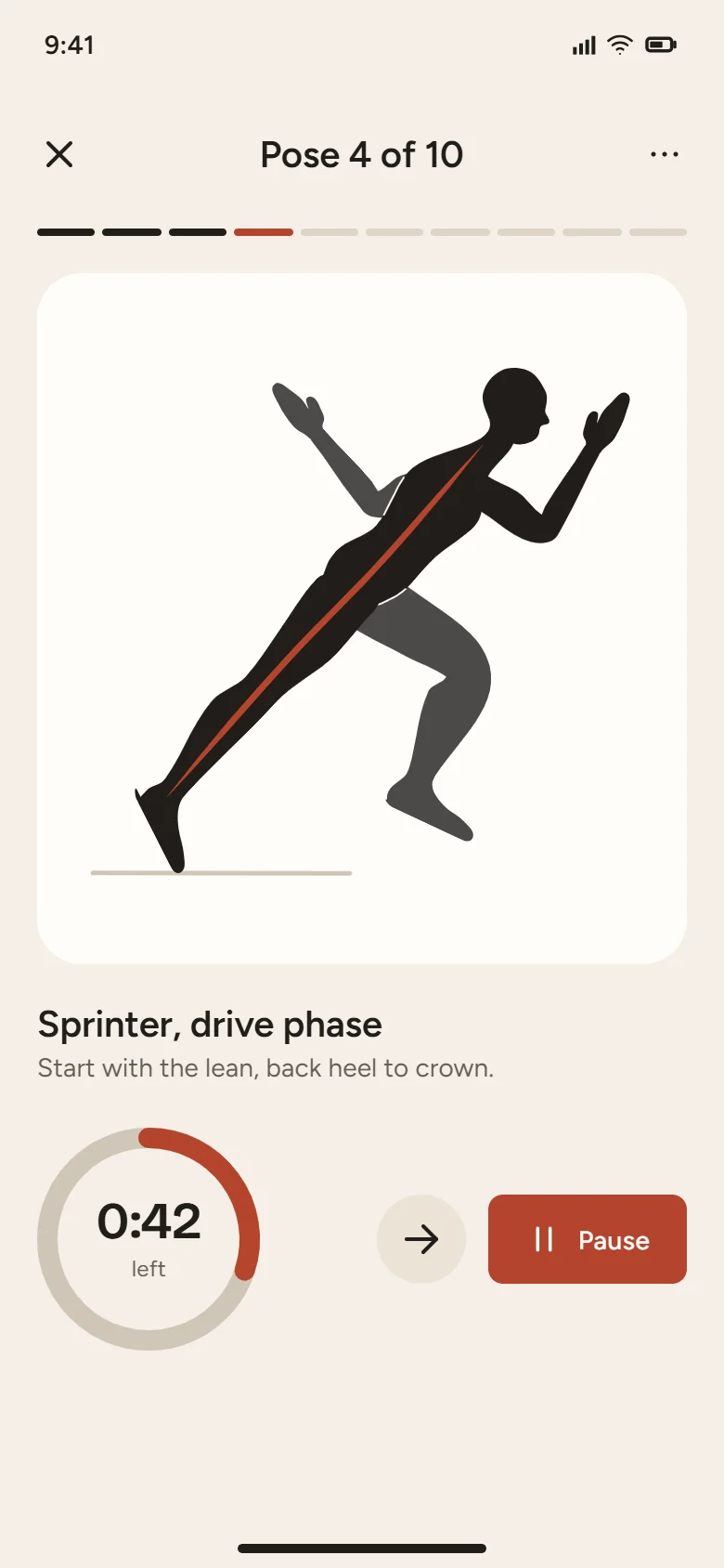 Sanguine session screen showing pose 4 of 10, a sprinter silhouette and a countdown ring.