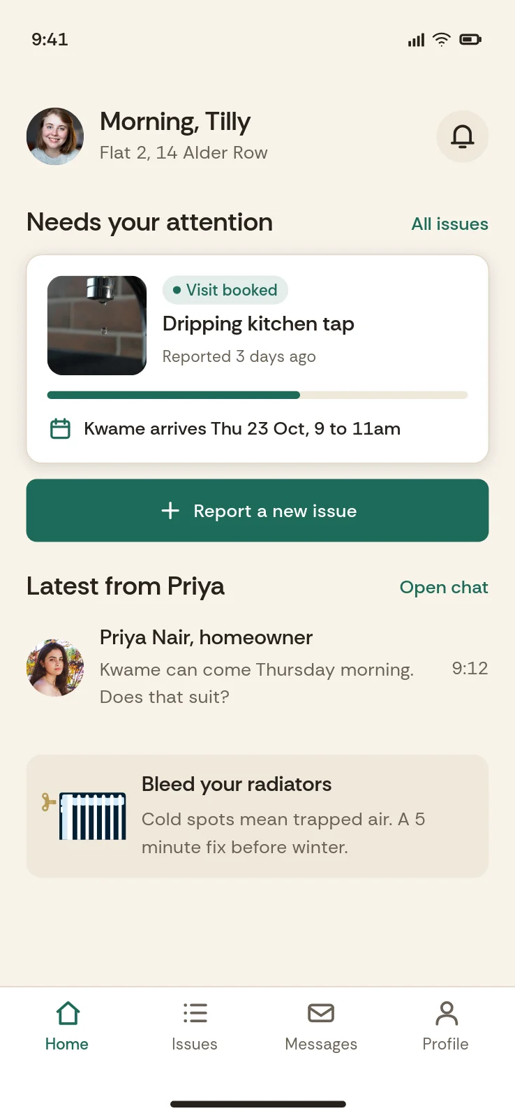 Stoop tenant home: a dripping kitchen tap with a visit booked, and the latest message from the homeowner.