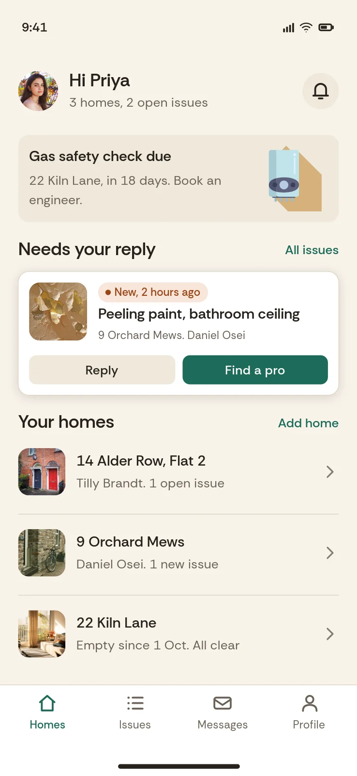Stoop homeowner dashboard: a gas safety reminder, an issue that needs a reply, and three homes.