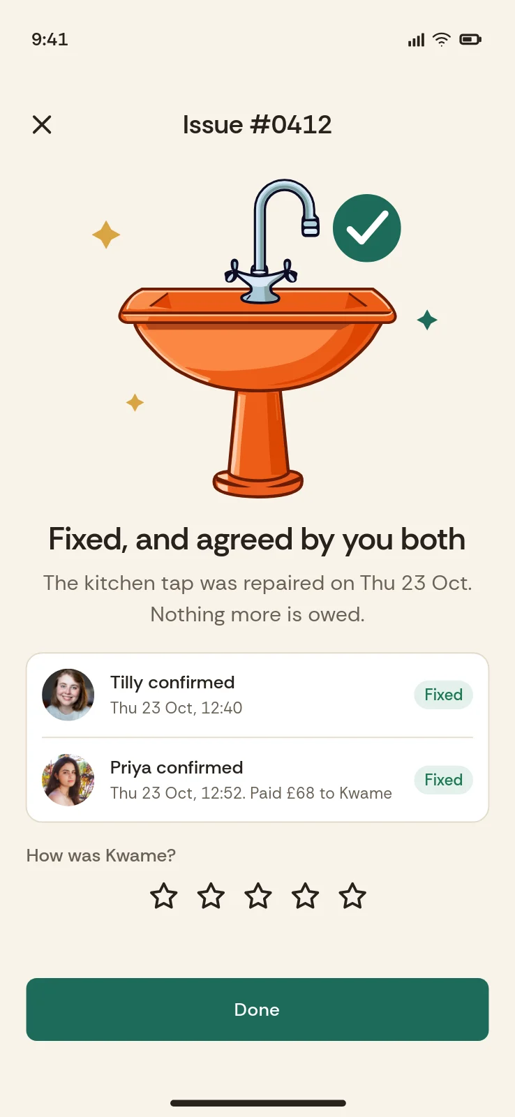 Stoop resolved screen: an orange sink with a check mark, Fixed, and agreed by you both, with both people's confirmations.
